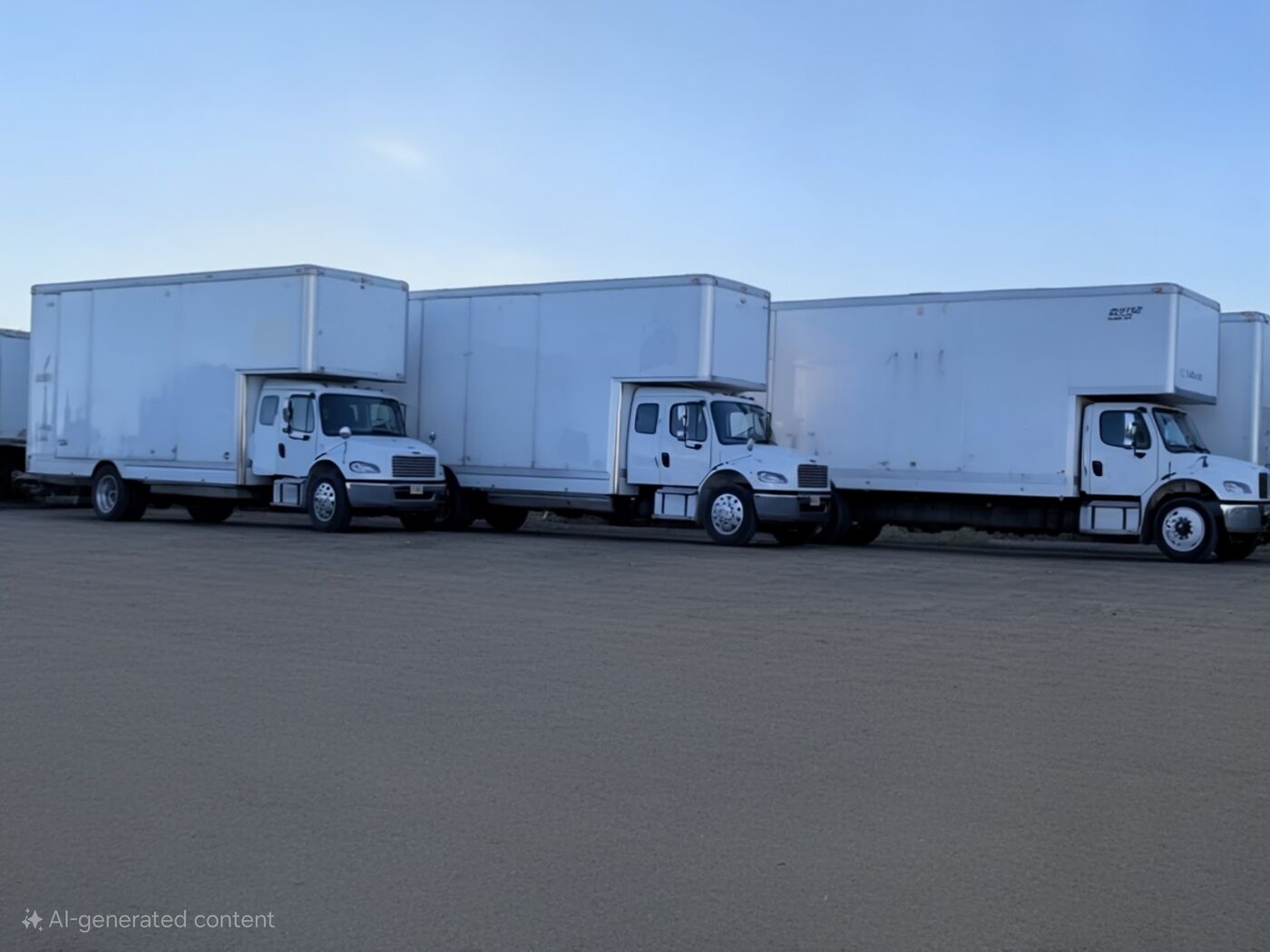Fleet of One World Van Lines moving trucks lined up at yard — Texas