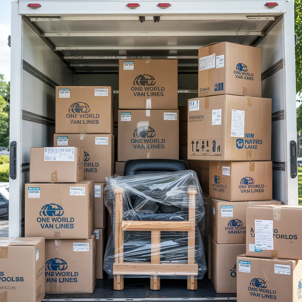 One World Van Lines branded moving boxes and plastic-wrapped chair loaded in truck — professional moving company Dallas, TX