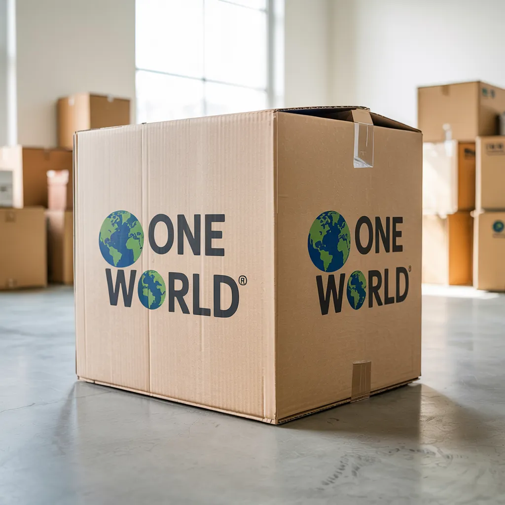 One World Van Lines branded moving box in warehouse setting — professional packing service Dallas–Fort Worth Texas