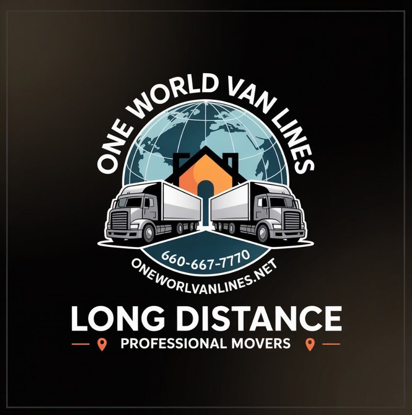 One World Van Lines dark background logo with dual trucks and globe — Long Distance Professional Movers DFW Texas, (254) 435-5877, oneworldvanlines.net