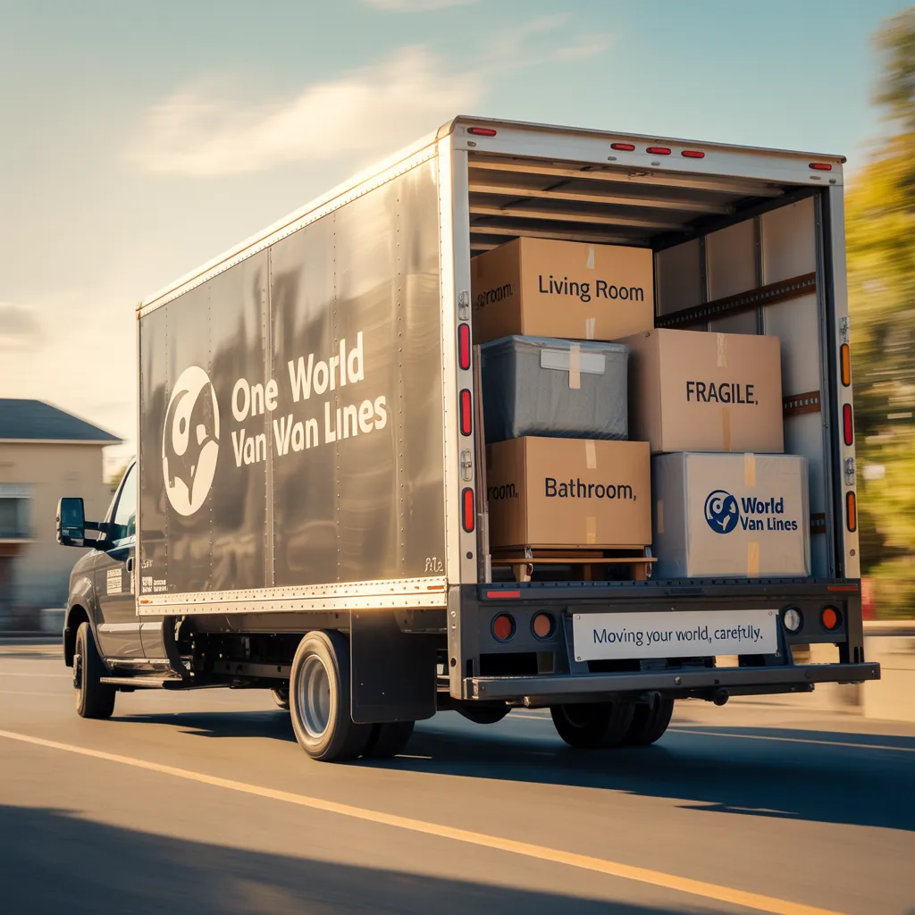 One World Van Lines moving truck on road with labeled living room and fragile boxes — DFW to Austin Texas relocation service