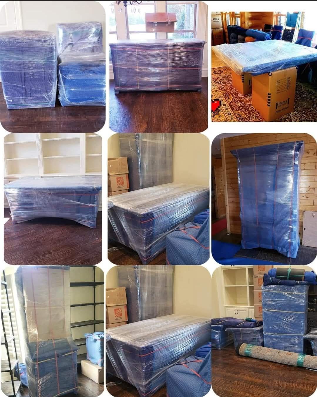 Collage of nine plastic-wrapped furniture pieces — sofa, dresser, mattresses, bed frame and armoire — professionally wrapped for move — One World Van Lines Keller, TX DFW Metroplex
