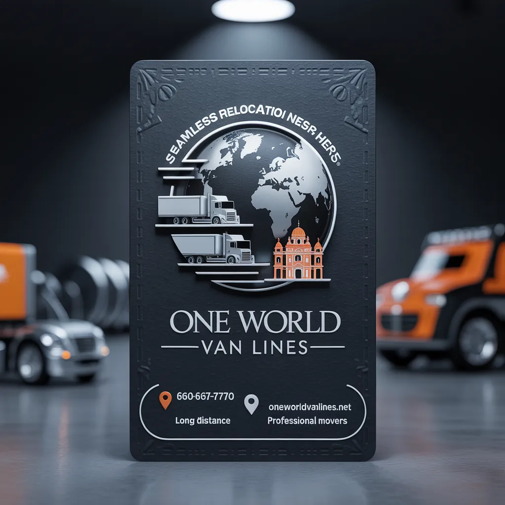 One World Van Lines business card — Seamless Relocation, Long Distance Professional Movers, (254) 435-5877, oneworldvanlines.net, DFW Texas